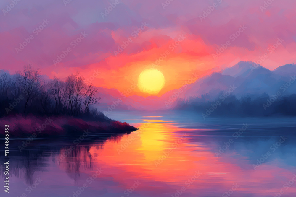Fototapeta premium Vibrant sunset over serene river reflecting colorful sky and mountains.