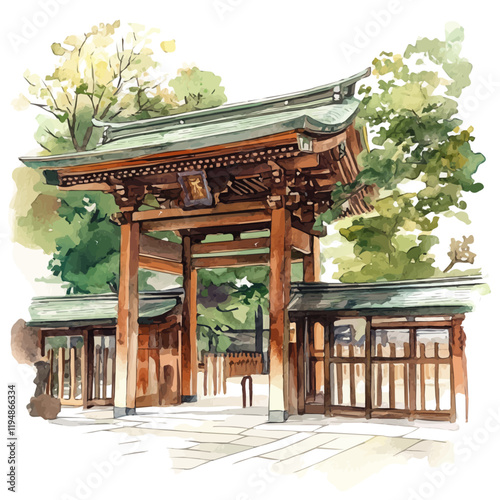 A watercolor drawing of the Meiji Shrine in Tokyo, isolated on a white background. Historical site vector.
