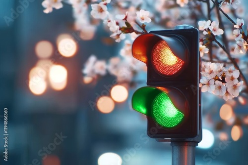 Traffic lights illuminated green and red against a backdrop of blooming cherry blossom flowers in a city landscape