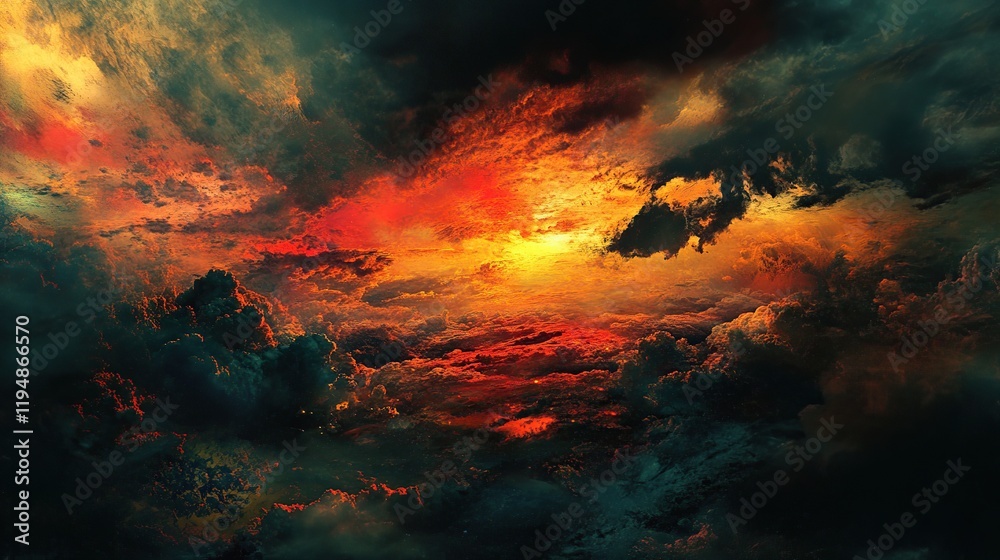 Naklejka premium Fiery sunset sky with dark clouds.