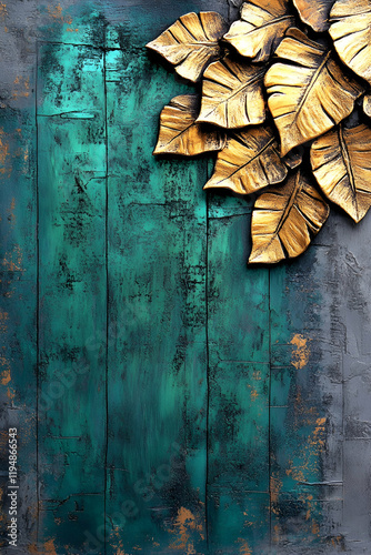 A vibrant abstract artwork featuring turquoise wood with golden leaves, creating a striking contrast and a natural aesthetic.