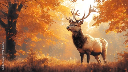 Wallpaper Mural Noble stag amidst a serene forest clearing, embodying wilderness grandeur and tranquility, vector graphic, white background ::2 majestic antlers, regal posture, idyllic landscape, animated,  Torontodigital.ca