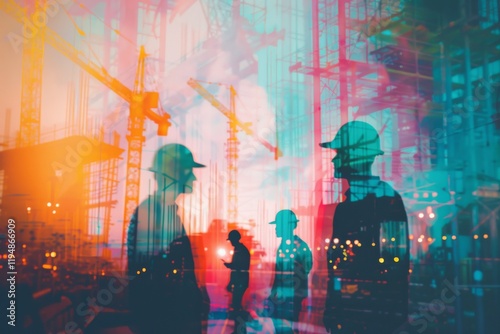 Construction workers silhouettes collaborate at vibrant urban building site during twilight hours creating dynamic cityscape