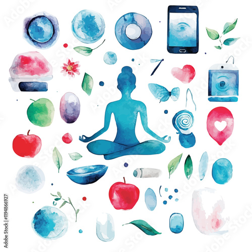 A watercolor painting of meditation tools and apps, isolated on a white background. Mindfulness apps vector.
