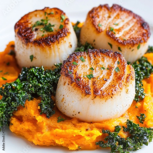 Perfectly seared scallops served with creamy sweet 