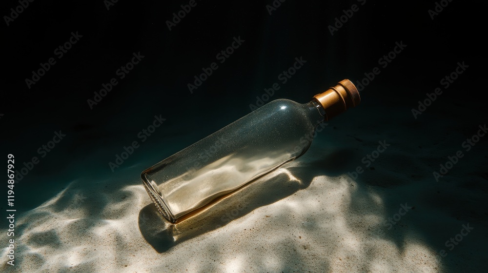 Glass bottle lies on the ocean floor, partially submerged in sand Glass bottle lies on the ocean floor, partially submerged in sand