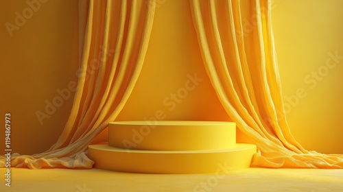 Bright yellow stage setup with layered circular platforms and flowing curtains, ideal for presentations