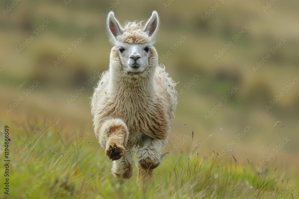 Obraz premium A cheerful llama bounds energetically through a lush green field, showcasing its playful spirit while basking in the warm daylight. The landscape radiates tranquility and joy.