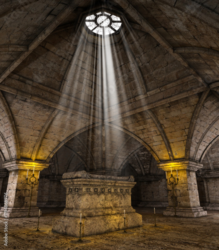 Interior of a creepy abandoned old crypt, magical burial chamber photo