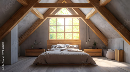 A cozy bedroom in an attic, filled with natural light and soft lighting.