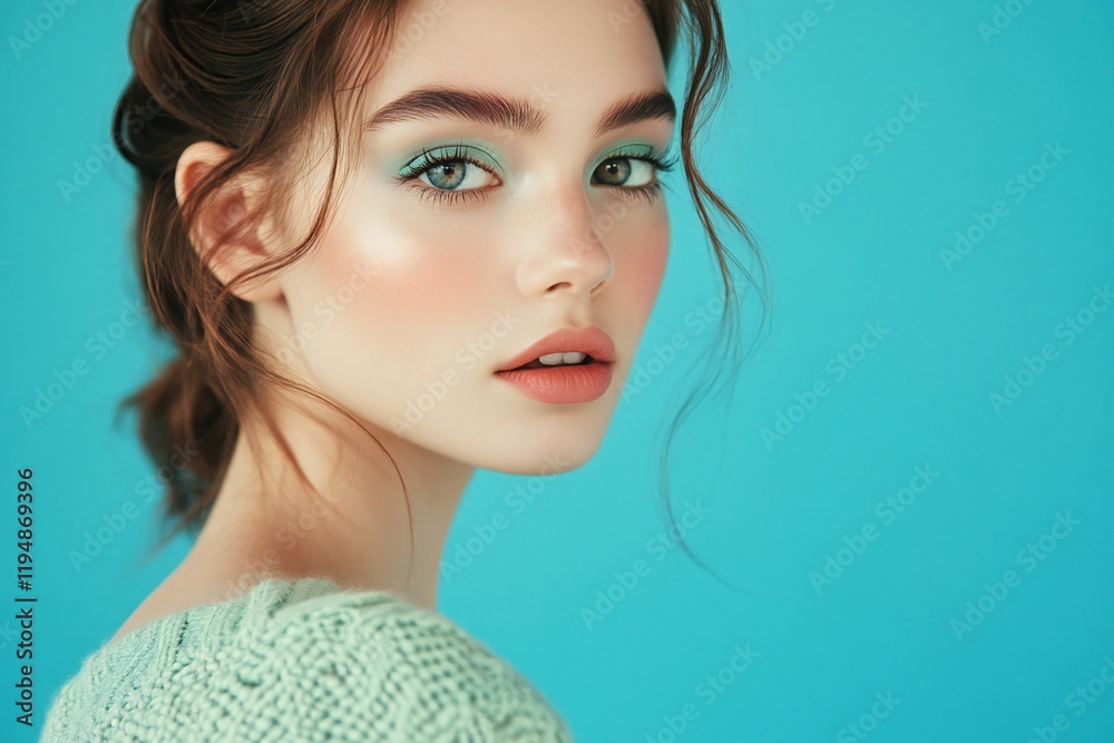 Fashionable young irish woman with stylish mint makeup on blue background Fashionable young irish woman with stylish mint makeup on blue background