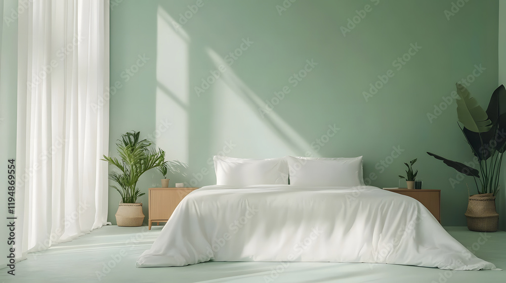A cozy space with a light green wall and natural elements bringing serenity. A cozy space with a light green wall and natural elements bringing serenity.