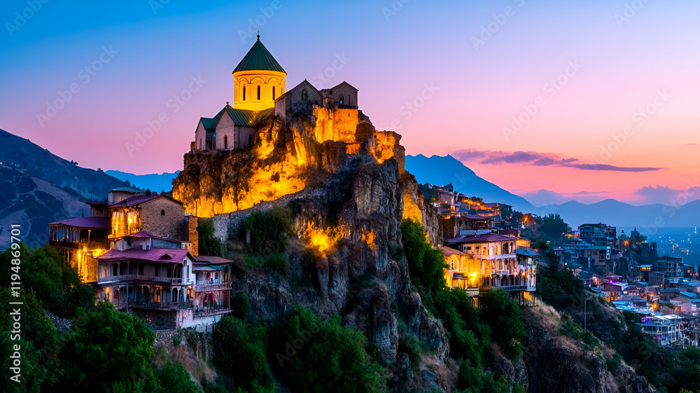A stunning view of a historic fortress illuminated at dusk, perched on a hillside with charming houses below, set against a colorful sunset.