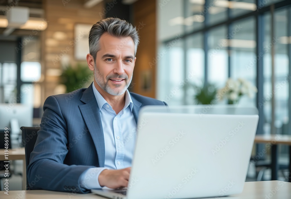 Mature businessman working on laptop. Handsome mature business leader sitting in a modern office, hd image Mature businessman working on laptop. Handsome mature business leader sitting in a modern office, hd image
