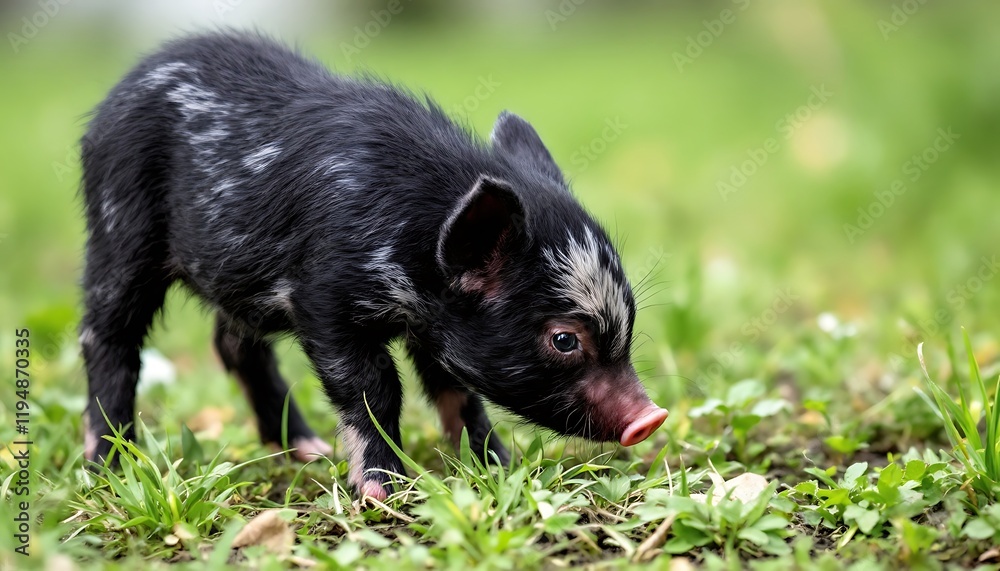 Adorable Little Black Piglet Exploring Green Grass Adorable Little Black Piglet Exploring Green Grass
