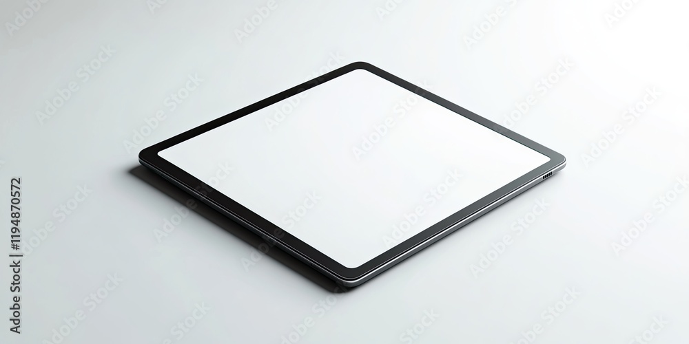 Three dimensional tablet device with a blank screen positioned at a slight angle against a minimalistic white backdrop creating a modern aesthetic. Three dimensional tablet device with a blank screen positioned at a slight angle against a minimalistic white backdrop creating a modern aesthetic.