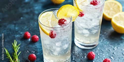 Refreshing Tom Collins cocktails with lemon slices and raspberries in clear glasses, garnished, on a dark stone surface with lemons in the background.