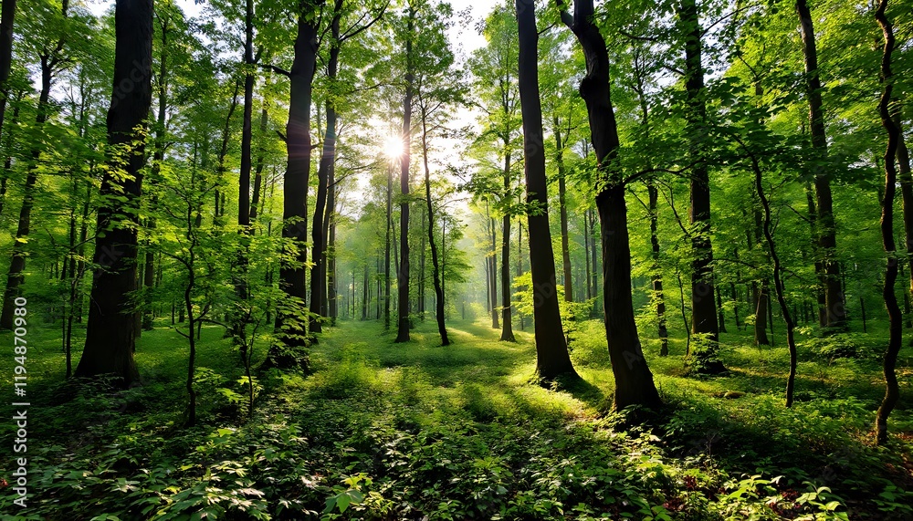 Obraz premium Sunlit Forest Path: A Serene Morning in the Woods