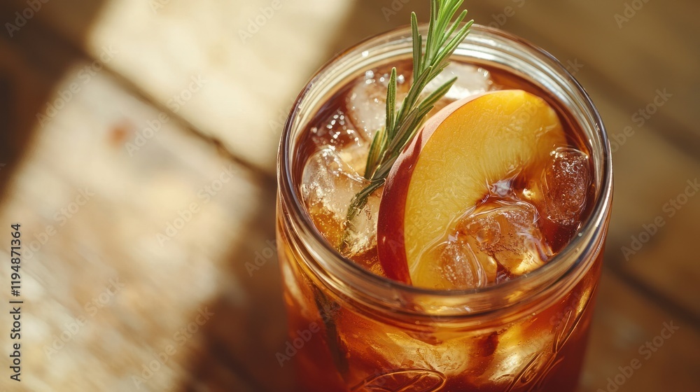 Iced tea with peach and rosemary. Iced tea with peach and rosemary.