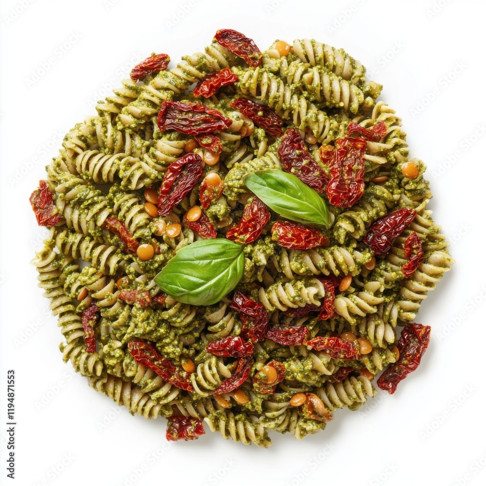 Fototapeta premium Protein-packed lentil pasta tossed with basil pesto 