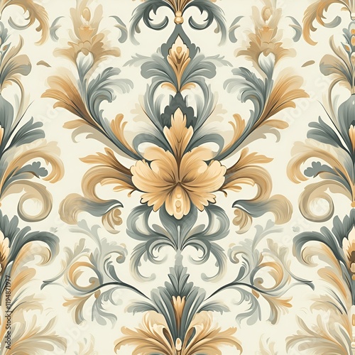 Seamless vintage floral pattern with baroque-style ornaments and elegant symmetry, ideal for fabric prints, upholstery, or luxury home decor.