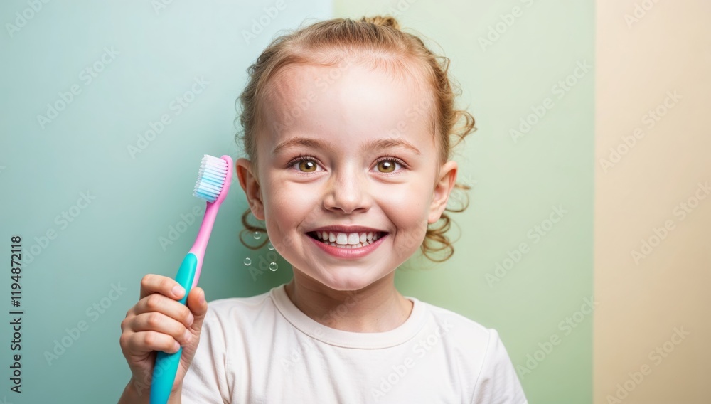 Portrait of laughing happy cheerful infant girl kid with curly blonde hair holding toothbrush, taking care of dental hygiene Portrait of laughing happy cheerful infant girl kid with curly blonde hair holding toothbrush, taking care of dental hygiene