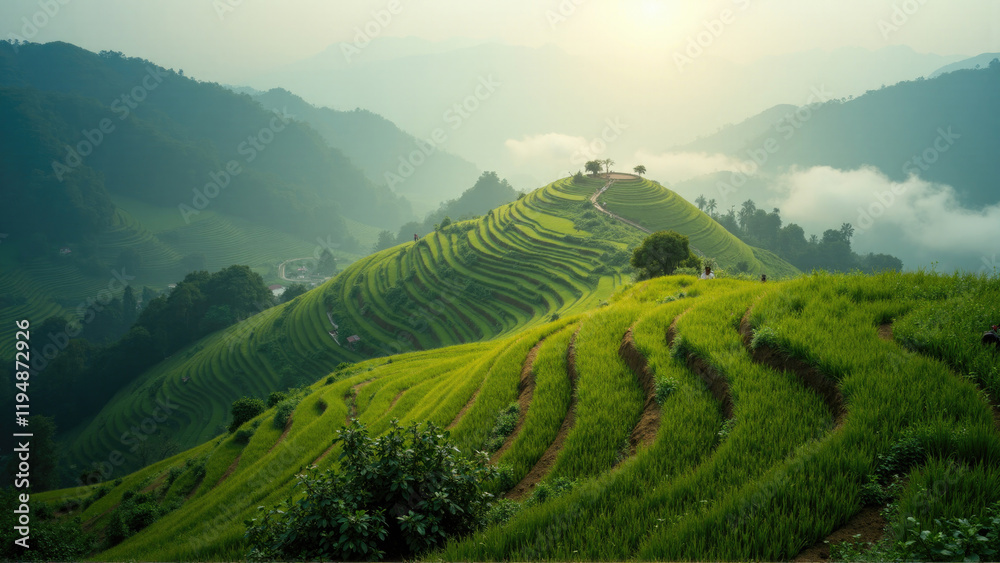 Fototapeta premium Lush green rice terraces under the morning sunlight in a mountainous landscape