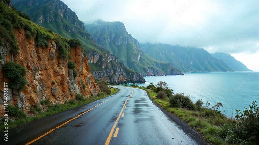 Scenic coastal road winds through lush mountains near the ocean in rainy weather Scenic coastal road winds through lush mountains near the ocean in rainy weather