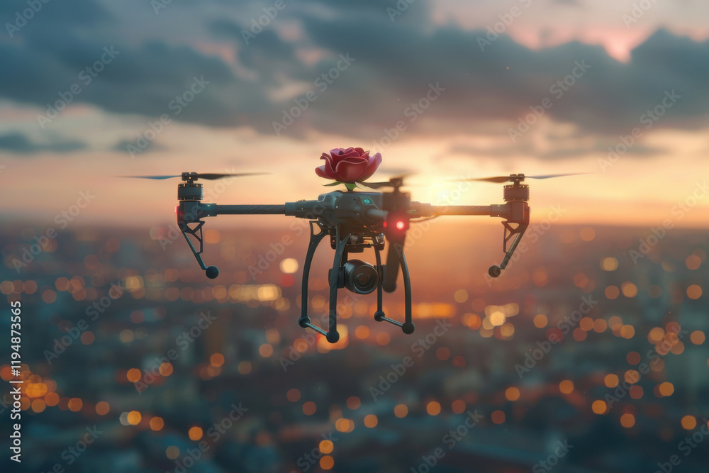 Obraz premium High-tech drones soar through the evening sky, delivering beautiful Valentine's roses to couples in an enchanting urban setting, creating a unique romantic experience.