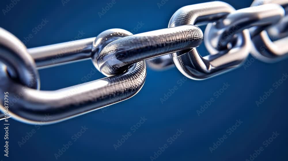 Close-Up View of Interlocking Steel Chain Links Against a Blue Background