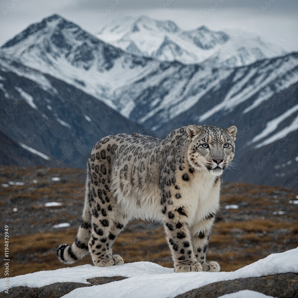 Fototapeta premium A snow leopard standing majestically with a mountainous outline faintly visible.