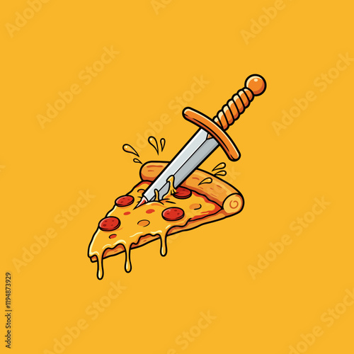 A cartoon illustration shows a sword stabbing a cheesy pepperoni pizza slice with melted cheese dripping down.