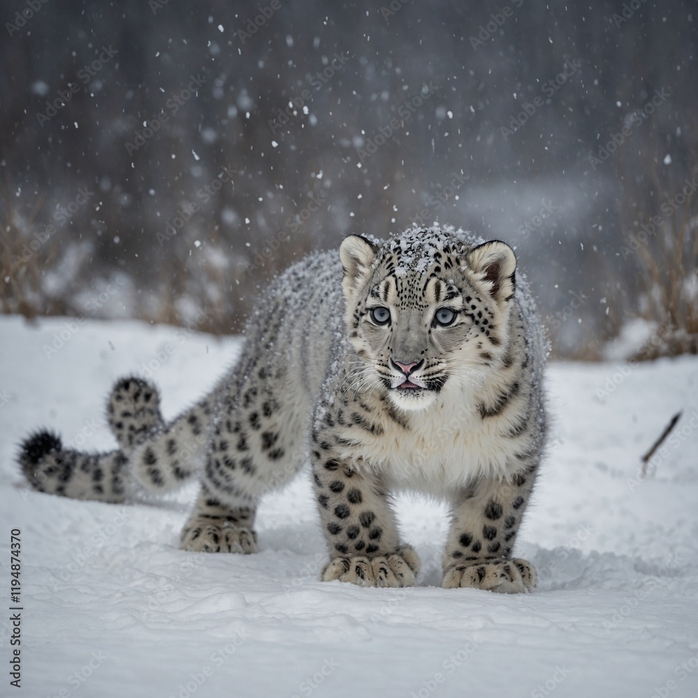 Obraz premium A playful snow leopard cub chasing its tail.