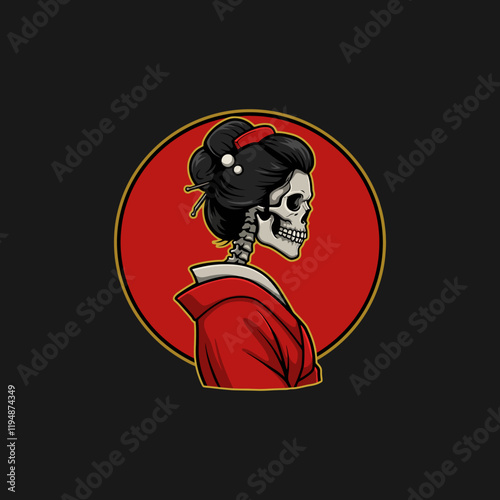 A stylized illustration depicts a skull with a geisha hairstyle wearing a red kimono against a red circular background.