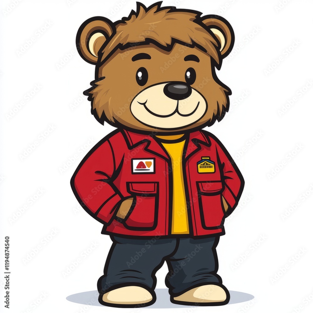 Fototapeta premium Friendly Brown Bear Wearing Red Jacket and Jeans