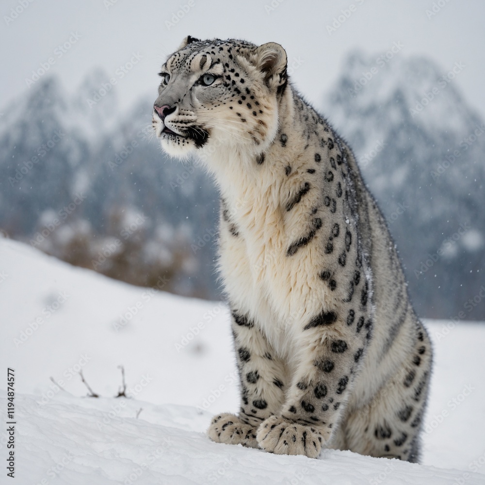 Obraz premium A snow leopard stretching with its back arched, clear white background.