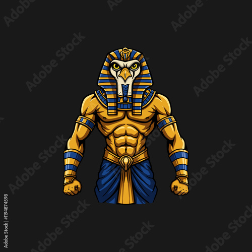 A powerful illustration depicts a muscular, eagle-headed pharaoh wearing a traditional headdress.