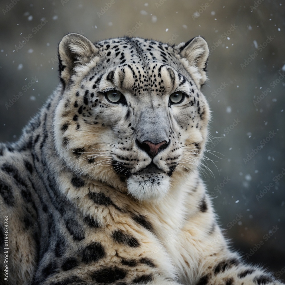 Fototapeta premium A snow leopard sitting gracefully, thick fur shimmering under soft light.