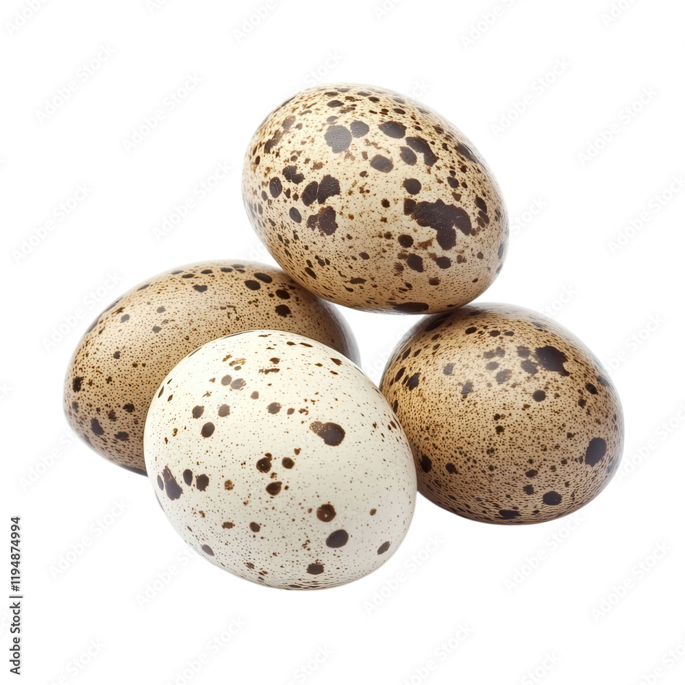 Closeup of Four Speckled Quail Eggs Arranged in a Triangular Formation Against a Black Background Closeup of Four Speckled Quail Eggs Arranged in a Triangular Formation Against a Black Background