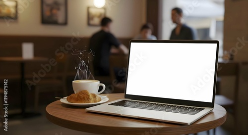 Open Laptop and Coffee Mockup on Table in Modern Cafe For Advertising Business Networking 2