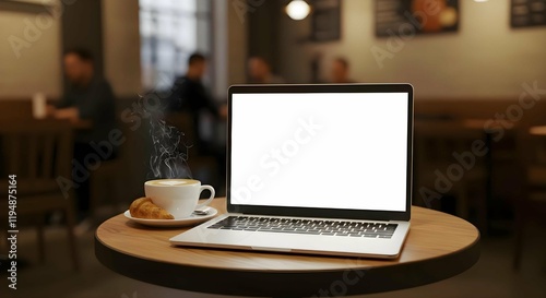 Open Laptop and Coffee Mockup on Table in Modern Cafe For Advertising Business Networking 1