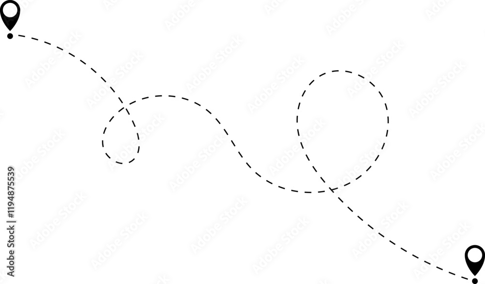 Route icon - two points with dotted path and location pin. Route location icon two pin sign and dotted line. Travel vector icon. Travel from start point and dotted line tracing. Route icon - two points with dotted path and location pin. Route location icon two pin sign and dotted line. Travel vector icon. Travel from start point and dotted line tracing.