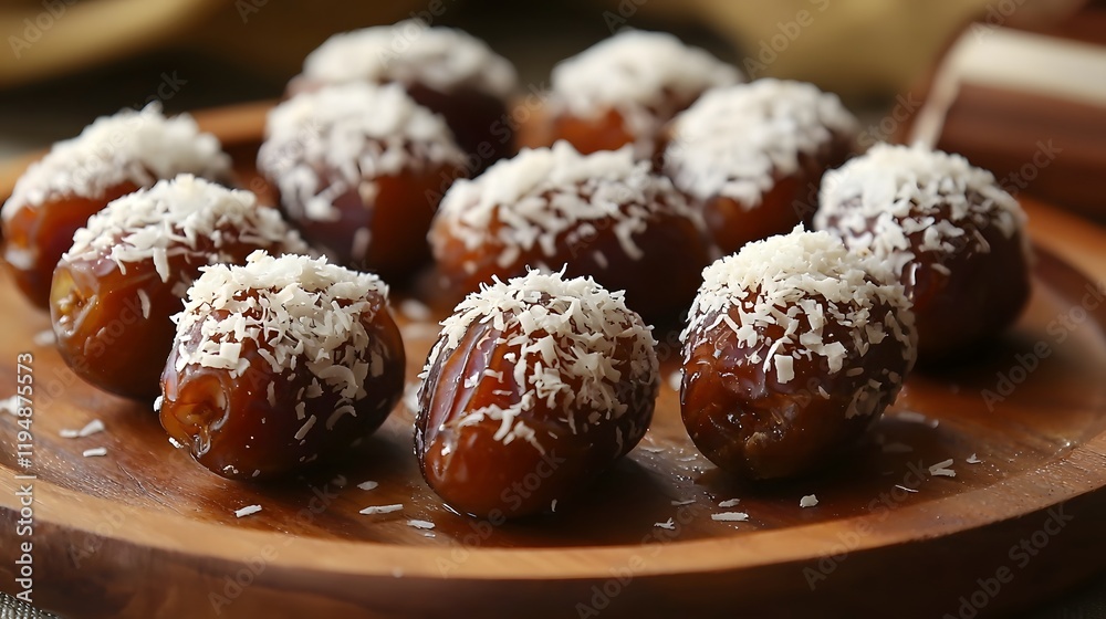 Decadent Dates with Desiccated Coconut Sprinkle on Rustic Wooden Plate with Copy Space Decadent Dates with Desiccated Coconut Sprinkle on Rustic Wooden Plate with Copy Space