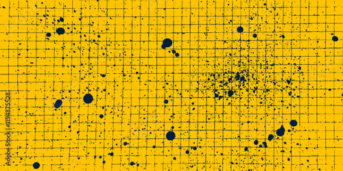 Black and yellow abstract texture with dotted halftone pattern. Ink splashes and drips, grunge effect on a textured paper sheet.