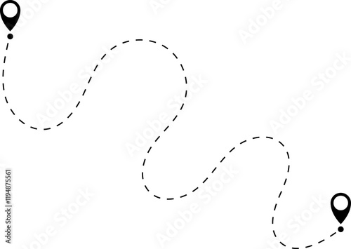 Route icon - two points with dotted path and location pin. Route location icon two pin sign and dotted line. Travel vector icon. Travel from start point and dotted line tracing.