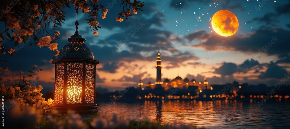 3D Ramadan Kareem background with crescent moon and lantern in a festive setting 3D Ramadan Kareem background with crescent moon and lantern in a festive setting