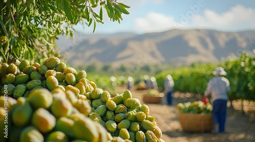 A Scenic View of a Traditional Date Palm Farm with Workers Harvesting the Crop photo