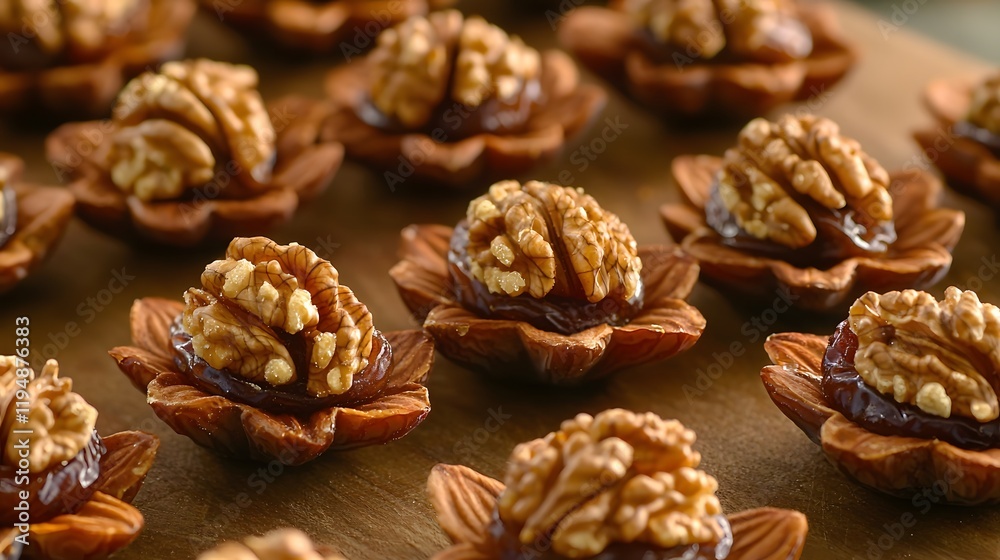Delectable Dates Stuffed with Walnuts Arranged in a Floral Pattern for Creative Snack Presentation Delectable Dates Stuffed with Walnuts Arranged in a Floral Pattern for Creative Snack Presentation