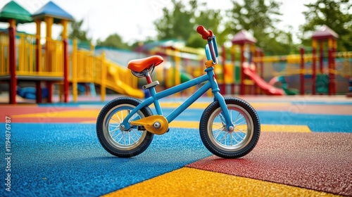 Childrena??s bicycle with training wheels placed in a colorful playground photo