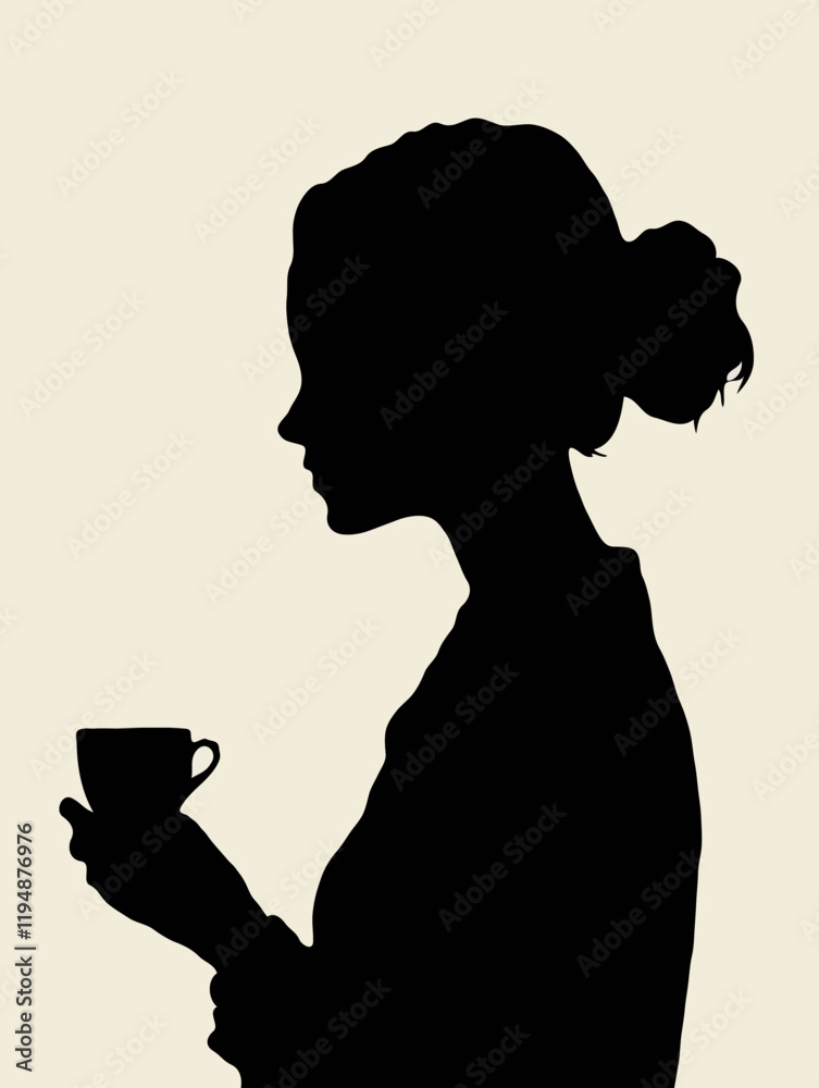 Silhouette of a woman holding a coffee cup against a light background Silhouette of a woman holding a coffee cup against a light background